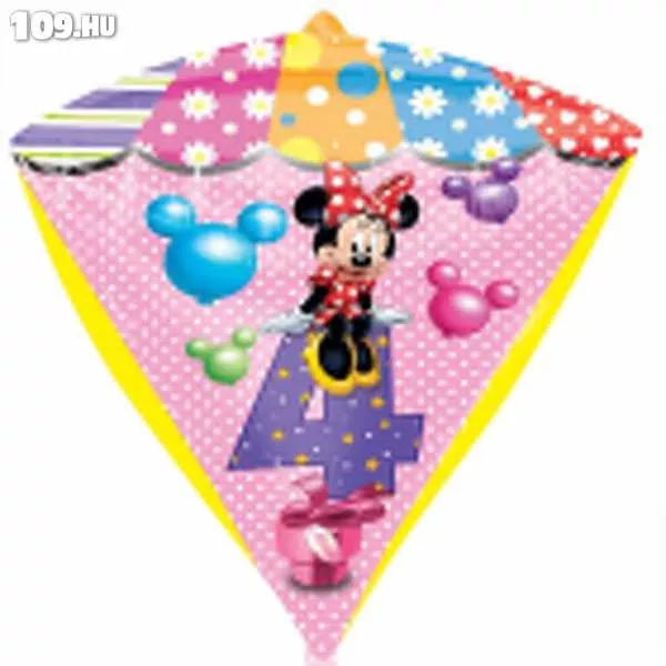 4. szülinapra Minnie Mouse diamond formájú lufi 38x43 cm