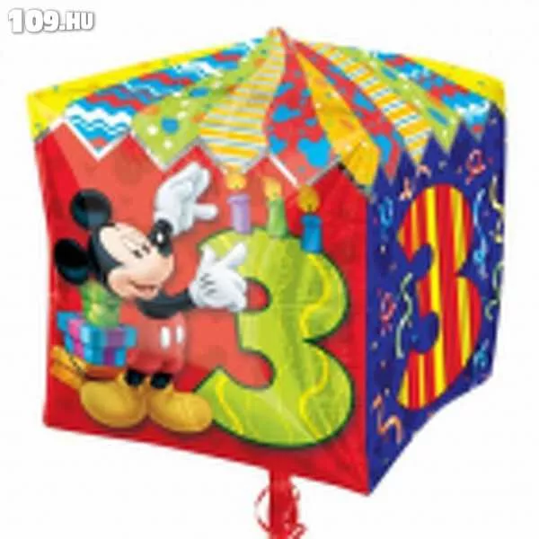 3. születésnapra Mickey kocka formájú lufi 38cm